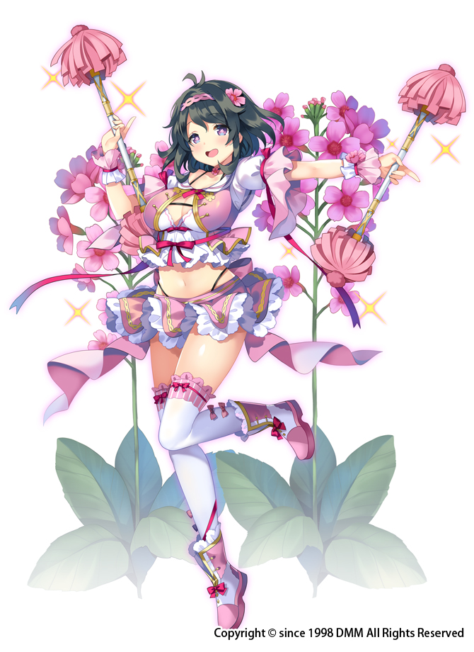 1girl :d back_bow blue_eyes boots bow breasts choker cleavage dual_wielding flower flower_knight_girl frilled_thighhighs frills full_body hair_flower hair_ornament hairband holding holding_wand kurinsou_(flower_knight_girl) kurot large_breasts looking_at_viewer midriff miniskirt multicolored_eyes navel object_namesake official_art open_mouth pink_eyes pink_footwear pink_hairband pink_skirt simple_background skirt smile solo standing standing_on_one_leg star-shaped_pupils star_(symbol) symbol-shaped_pupils thighhighs wand white_background white_thighhighs wrist_cuffs