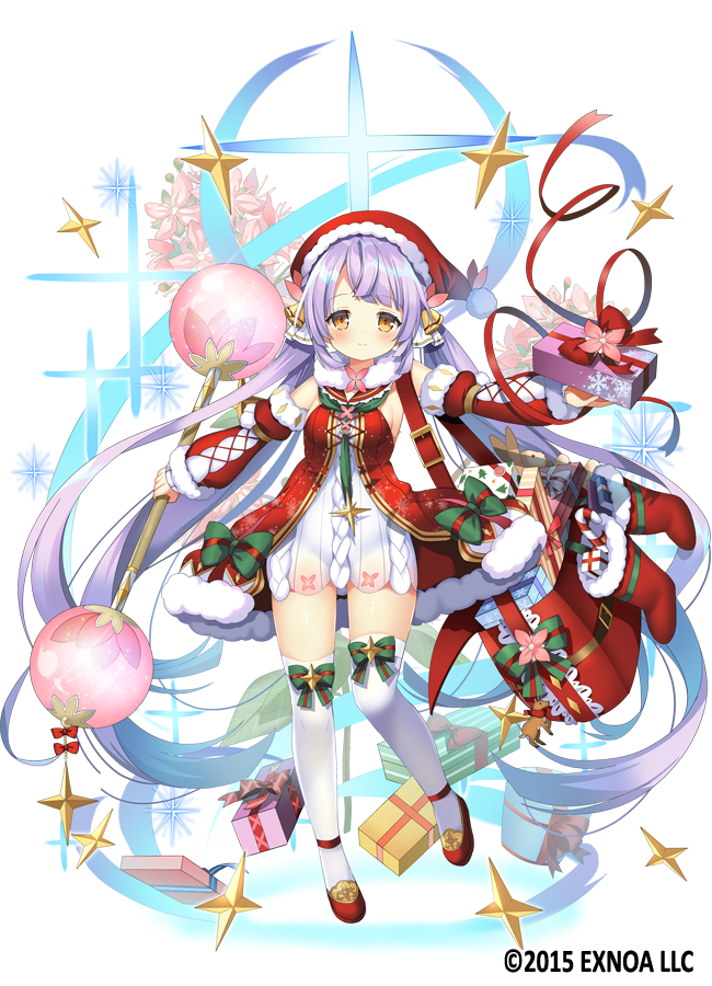 1girl bag bell bow breasts brown_eyes candy candy_cane christmas christmas_stocking closed_mouth detached_sleeves dress flower flower_knight_girl food full_body fur_trim gift green_bow hair_bell hair_ornament hat henna_(flower_knight_girl) holding holding_gift holding_wand kurot legs_apart long_hair looking_at_viewer object_namesake official_art purple_hair red_bow red_footwear red_headwear red_sleeves santa_hat shoes sideboob simple_background small_breasts smile solo standing sweater sweater_dress thighhighs twintails very_long_hair wand white_background white_dress white_thighhighs zettai_ryouiki