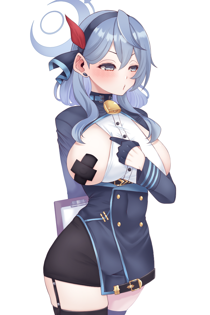 1girl ako_(blue_archive) bell black_thighhighs blue_archive blue_eyes blue_hair blush breasts breasts_out buttons clipboard covered_nipples cowboy_shot double-breasted dress electrical_tape framed_breasts garter_straps hair_behind_ear half-closed_eyes halo highres long_hair looking_away neck_bell pasties pencil_skirt puckered_lips short_dress skirt solo tape_on_nipples thighhighs tight tight_dress utani_(punishment) zettai_ryouiki