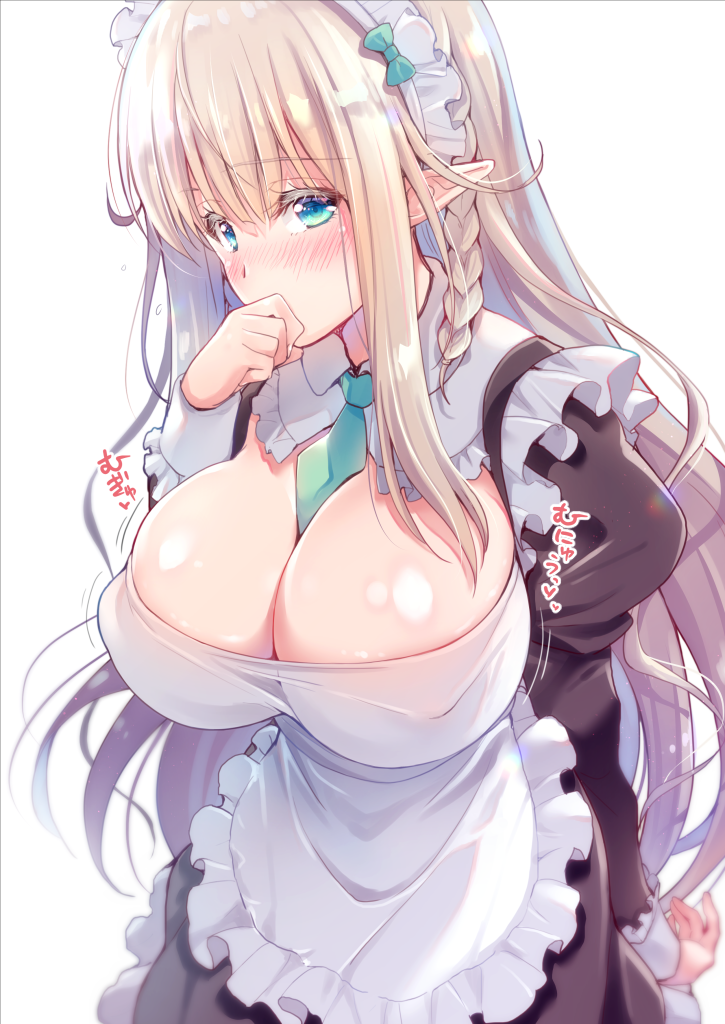 apron blonde_hair blue_eyes blush braid breasts cleavage elf embarrassed frilled_sleeves frills large_breasts long_hair looking_at_viewer maid maid_apron maid_headdress necktie original pointy_ears suzui_narumi