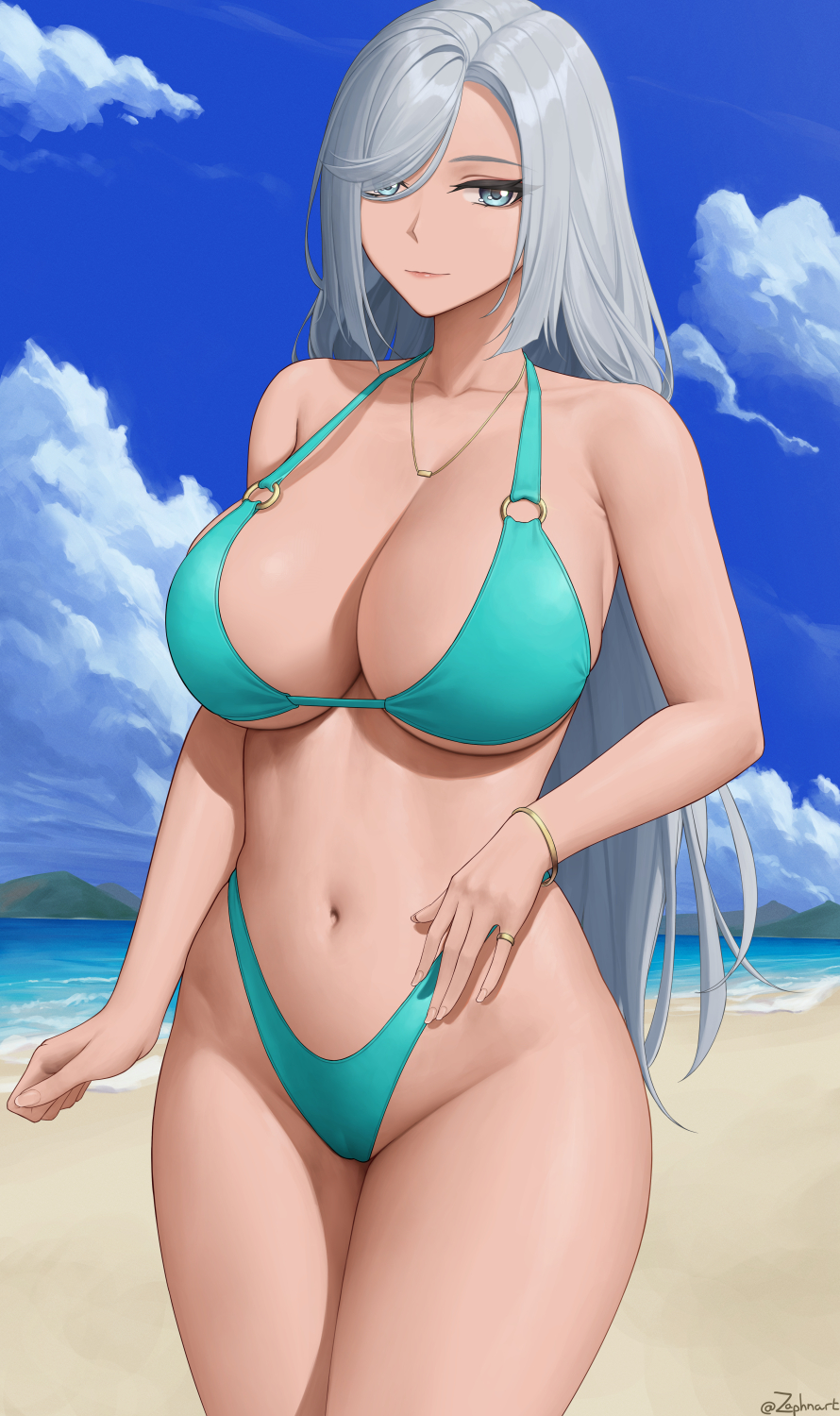 1girl alternate_costume aqua_bikini arm_at_side armpit_crease bangle bangs bare_arms bare_shoulders beach bikini blue_eyes blue_sky blush bracelet breasts cameltoe cleavage closed_mouth cloud collarbone commentary_request cowboy_shot day english_commentary eyes_visible_through_hair genshin_impact gold_necklace groin hair_over_one_eye halterneck highleg highleg_bikini highres jewelry large_breasts legs_together lips long_hair looking_at_viewer mixed-language_commentary mountainous_horizon navel necklace o-ring o-ring_bikini ocean outdoors paid_reward_available ring sand shenhe_(genshin_impact) shore sidelocks sky smile solo standing stomach straight_hair strap_gap swept_bangs swimsuit thighs twitter_username very_long_hair water white_hair zaphn