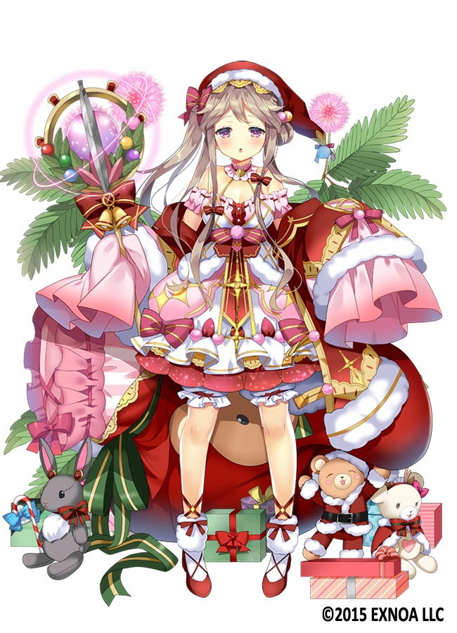 1girl :o bare_legs bell bloomers bow box breasts brown_hair christmas cleavage detached_collar detached_sleeves dress dress_bow flower flower_knight_girl full_body gift gift_box hair_bow hat holding holding_staff kurot layered_dress legs_apart long_hair looking_at_viewer medium_breasts object_namesake official_art ojigisou_(flower_knight_girl) open_mouth pink_bow purple_eyes red_bow red_footwear red_headwear santa_hat shoes simple_background sleepy sleeves_past_fingers sleeves_past_wrists socks solo staff standing stuffed_animal stuffed_bunny stuffed_toy teddy_bear underwear white_background white_bloomers white_socks