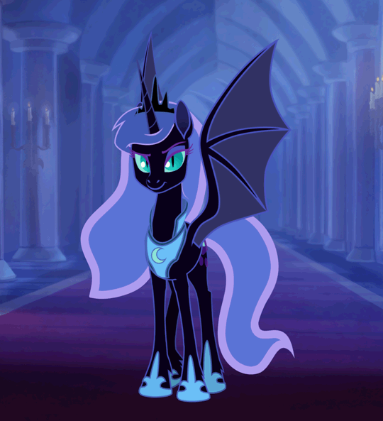 animated bat_pony candle corrupted crown cutie_mark ears_up equid equine female feral flowing_hair flowing_tail friendship_is_magic hair hallway hasbro horn inside laugh lionheartcartoon mammal my_little_pony nightmare_moon_(mlp) no_dialogue nod open_mouth solo spread_wings tongue winged_unicorn wings