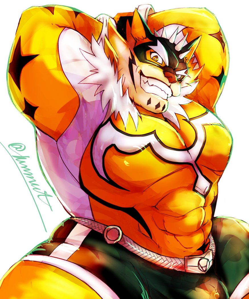 abs anthro bodysuit bulge clothing eyebrows felid grin hands_behind_head hunmut lifewonders live-a-hero looking_at_viewer male mammal mask muscular muscular_anthro muscular_male pantherine pecs ryekie_(live-a-hero) skinsuit smile solo superhero thick_eyebrows tiger tight_clothing video_games