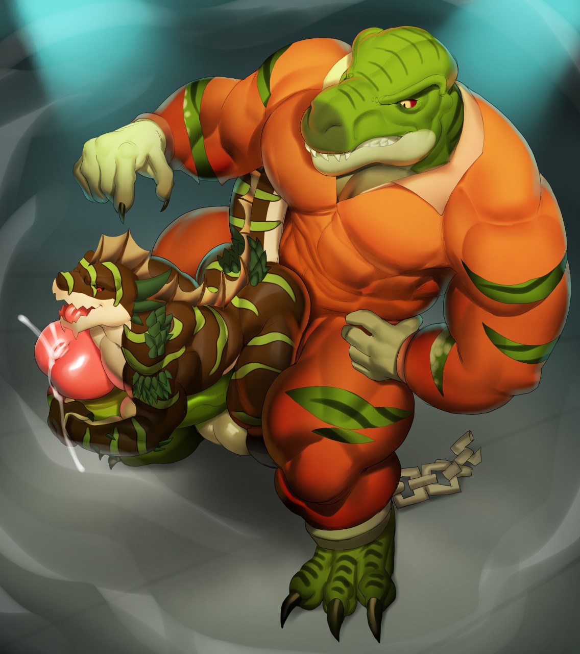 3_toes abs anthro biceps big_penis bodily_fluids broken_chain claws clothed clothing cum dinosaur duo everquest feet genital_fluids genitals hi_res huge_penis hyper hyper_genitalia hyper_penis iksar justmegabenewell leaking_cum male male/male muscular muscular_anthro muscular_male muscular_thighs on_penis pecs penis prison_uniform prisoner reptile scalie size_difference theropod tight_clothing toes torn_clothing typhek tyrannosaurid tyrannosaurus tyrannosaurus_rex unktehila video_games