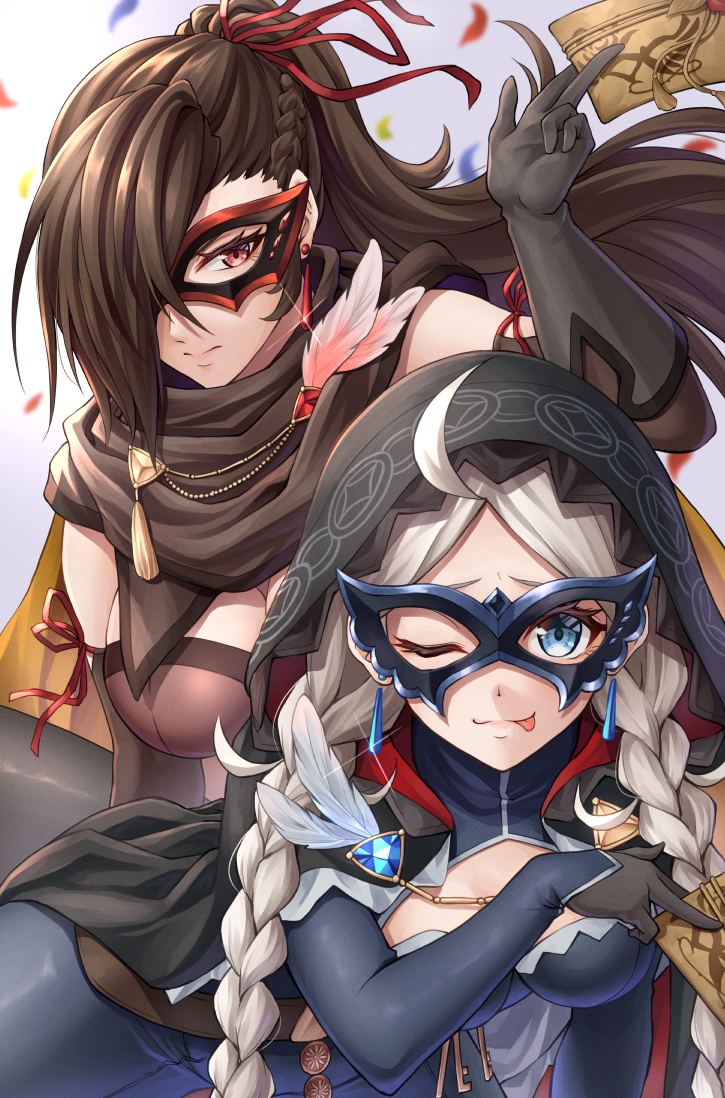 2girls bare_shoulders black_cape black_gloves blue_eyes braid breasts brown_hair cape capelet cleavage detached_sleeves domino_mask earrings elbow_gloves envelope feathers fire_emblem fire_emblem_fates fire_emblem_heroes gloves grey_hair hair_over_one_eye half_mask hood hooded_capelet jewelry kagero_(fire_emblem) keyring large_breasts leather mask multiple_girls nina_(fire_emblem) one_eye_closed phantom_thief pink_eyes sleeveless small_breasts ten_(tenchan_man) tongue tongue_out twin_braids twintails