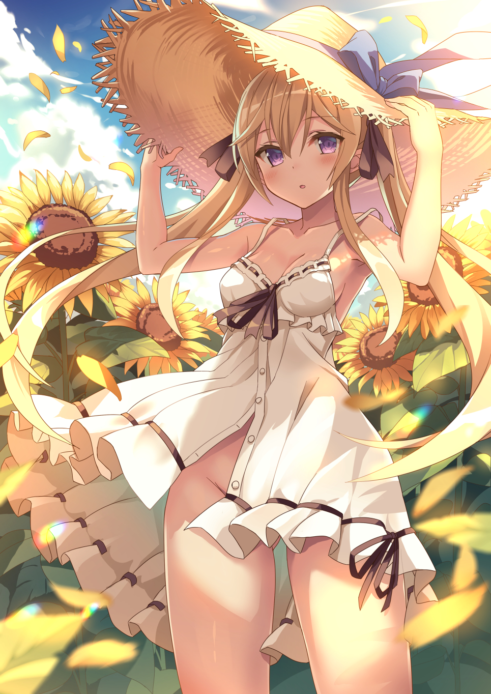 1girl :o bare_arms bare_shoulders black_ribbon blonde_hair blue_sky bow breasts cleavage clothes_lift cloud collarbone cowboy_shot day dress dress_lift falling_petals floating_hair flower frilled_dress frills groin hair_ribbon hand_on_headwear hands_up hat hat_bow highres leaf looking_at_viewer no_panties original outdoors parted_lips partially_unbuttoned petals purple_eyes ribbon ribbon_trim sky small_breasts solo spaghetti_strap standing straw_hat sundress sunflower thighs twintails white_dress wind wind_lift yuuki_yuu