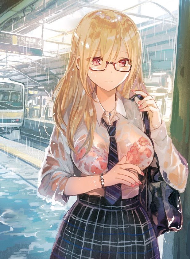 1girl blonde_hair breasts closed_mouth collarbone glasses holding large_breasts long_hair looking_at_viewer necktie original rain red_eyes rioka_(southern_blue_sky) school_uniform see-through shirt skirt solo wet wet_clothes wet_hair wet_shirt