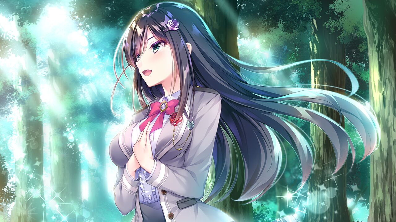 1girl :d bangs black_hair blazer bow bowtie breasts collared_shirt day dress_shirt floating_hair flower forest game_cg green_eyes hair_between_eyes hair_flower hair_ornament hoshi_no_otome_to_rikka_no_shimai jacket kokonoe_sumire lens_flare long_hair long_sleeves medium_breasts mutou_kurihito nanotaro nature open_clothes open_jacket open_mouth outdoors pink_flower pink_rose red_bow red_bowtie rose school_uniform shiny shiny_hair shirt smile solo sparkle standing sunlight upper_body very_long_hair white_shirt wing_collar
