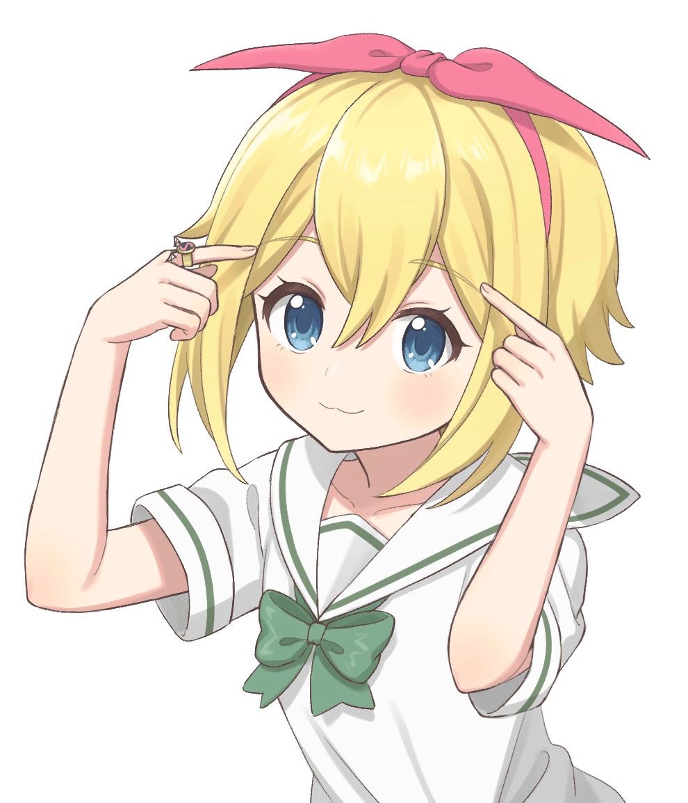 1girl :3 bangs blonde_hair blue_eyes bow bow_hairband closed_mouth commentary_request crossed_bangs green_ribbon hair_between_eyes hair_bow hairband hands_up jewelry mahou_shoujo_site neck_ribbon panri red_bow red_hairband ribbon ring sailor_collar school_uniform serafuku shirt short_hair short_sleeves simple_background smile solo suirenji_kiyoharu upper_body white_background white_sailor_collar white_shirt