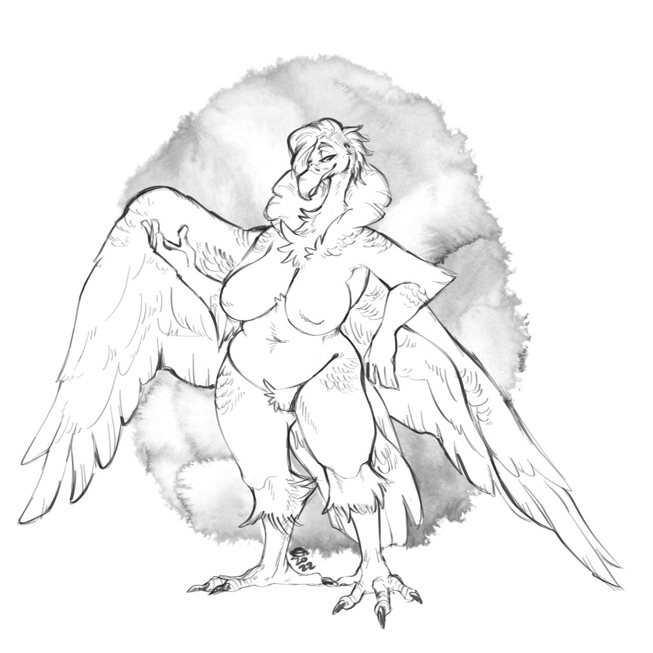 4_toes accipitriform anisodactyl anthro avian big_breasts bird breasts claws curvy_figure feathered_wings feathers feet female grind3r half-closed_eyes hi_res looking_at_viewer mature_anthro mature_female monochrome narrowed_eyes neck_tuft nude pubes simple_background smile smirk solo toes tuft voluptuous vulture white_background wide_hips wings