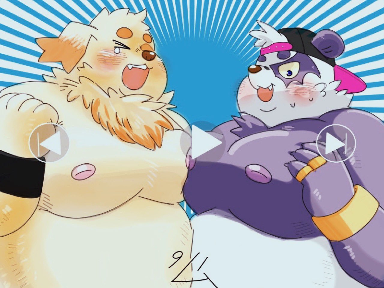 2022 alp_(tas) anthro belly big_belly blush canid canine canis clothing cu_sith_(tas) devour1129 domestic_dog duo eyes_closed giant_panda hat headgear headwear humanoid_hands kemono lifewonders male mammal moobs nipples overweight overweight_male purple_body tokyo_afterschool_summoners ursid video_games white_body