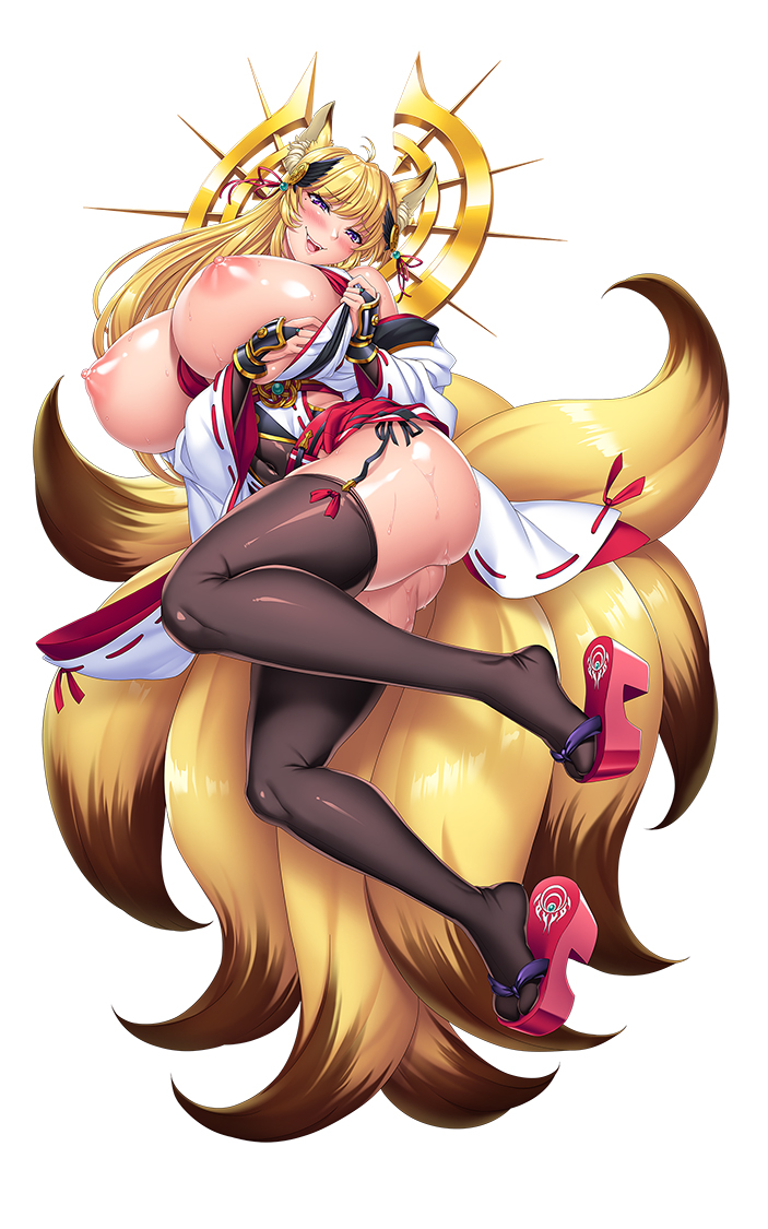 9_tails animal_humanoid areola armwear asian_clothing bell big_breasts black_clothing black_legwear black_thigh_highs blonde_hair bodily_fluids bottomwear breasts butt canid canid_humanoid canine canine_humanoid clothed clothing detached_sleeves digital_media_(artwork) east_asian_clothing female footwear fox fox_humanoid genital_fluids hair huge_breasts humanoid inner_ear_fluff japanese_clothing legwear light_body light_skin mammal mammal_humanoid miko_outfit multi_tail nipples nude purple_eyes pussy_juice red_bottomwear red_clothing red_footwear red_sandals red_skirt saijosatoru sandals skirt solo sweat tamamo_(taimanin_asagi) thigh_highs tuft