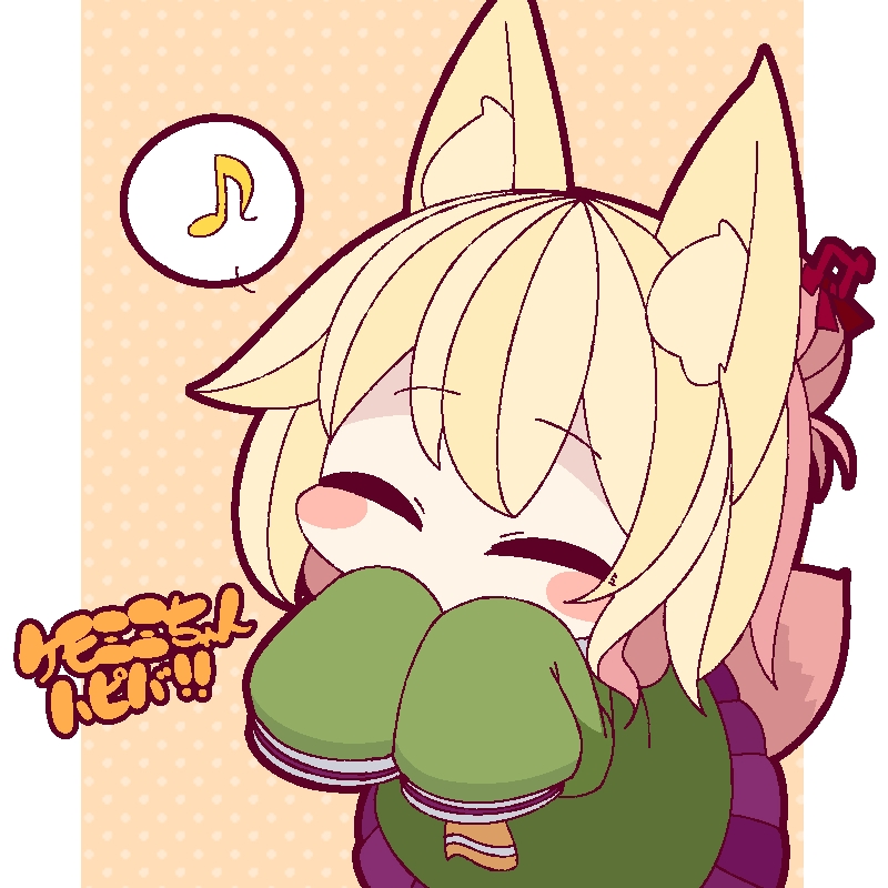 1girl animal_ear_fluff animal_ears bangs banned_artist blonde_hair blush_stickers borrowed_character brown_background closed_eyes commentary covered_mouth eighth_note fox_ears fox_girl fox_tail green_shirt hair_bun hair_ornament hands_up inunoko. kemomimi-chan_(naga_u) long_sleeves musical_note necktie orange_necktie original pleated_skirt polka_dot polka_dot_background purple_skirt shirt skirt sleeves_past_fingers sleeves_past_wrists solo spoken_musical_note tail translation_request two-tone_background white_background
