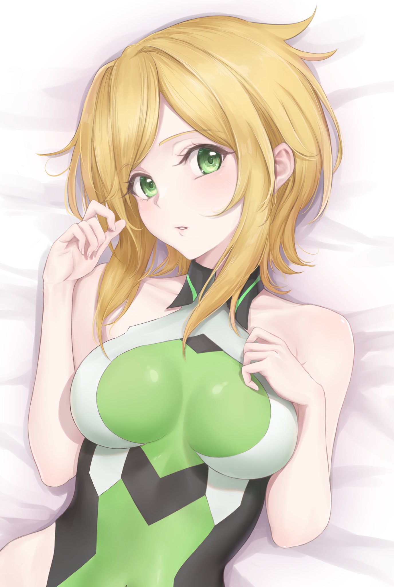 1girl akatsuki_kirika bare_shoulders bed_sheet blaze_(blaze_pso2) blonde_hair blush breasts covered_navel green_eyes green_leotard highres impossible_clothes impossible_leotard leotard looking_at_viewer lying medium_breasts on_back on_bed parted_lips senki_zesshou_symphogear shiny shiny_hair shiny_skin short_hair skin_tight solo symphogear_pendant