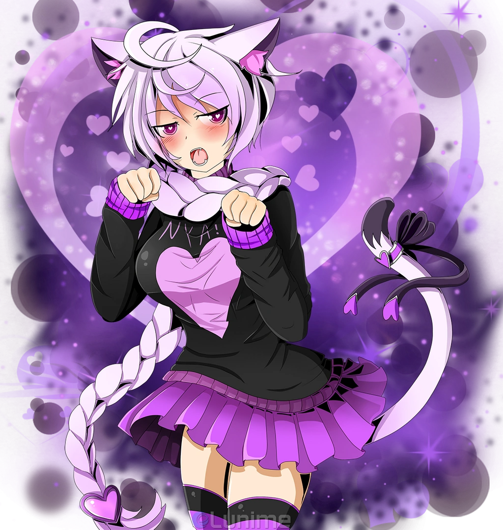 &lt;3 &lt;3_eyes accessory ahoge alpha_channel animal_humanoid black_clothing black_sweater black_topwear bottomwear braided_hair breasts cat_humanoid clothed clothing felid felid_humanoid feline feline_humanoid female furgonomics hair hair_accessory heart_clothing humanoid inner_ear_fluff legwear lunime mammal mammal_humanoid melnya_kyuzo open_mouth pattern_clothing pattern_legwear pattern_stockings paw_pose pose purple_bottomwear purple_clothing purple_eyes purple_hair purple_skirt ribbons simple_background skirt solo stockings striped_clothing striped_legwear striped_stockings stripes sweater tail_accessory tail_ribbon text text_on_clothing topwear transparent_background tuft unknown_artist
