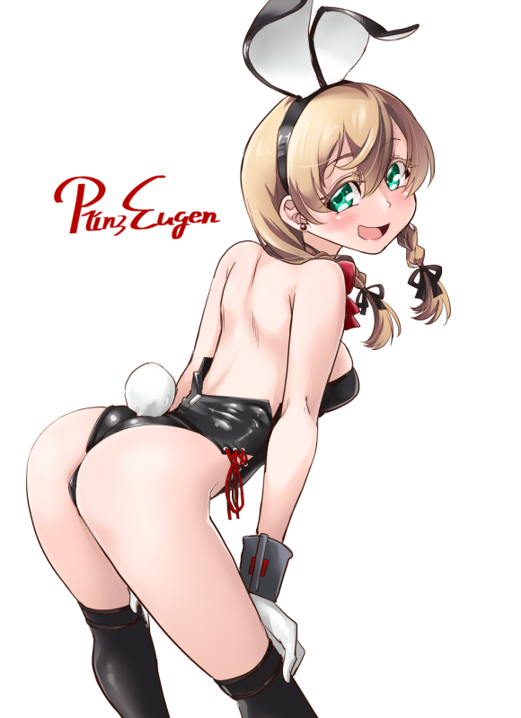 1girl alternate_costume alternate_hairstyle animal_ears black_leotard black_thighhighs blonde_hair bow bowtie braid character_name commentary_request detached_collar feet_out_of_frame from_behind green_eyes kantai_collection leaning_forward leotard long_hair looking_at_viewer playboy_bunny prinz_eugen_(kancolle) rabbit_ears rabbit_tail red_bow red_bowtie simple_background solo strapless strapless_leotard tail thighhighs twin_braids udukikosuke white_background wrist_cuffs