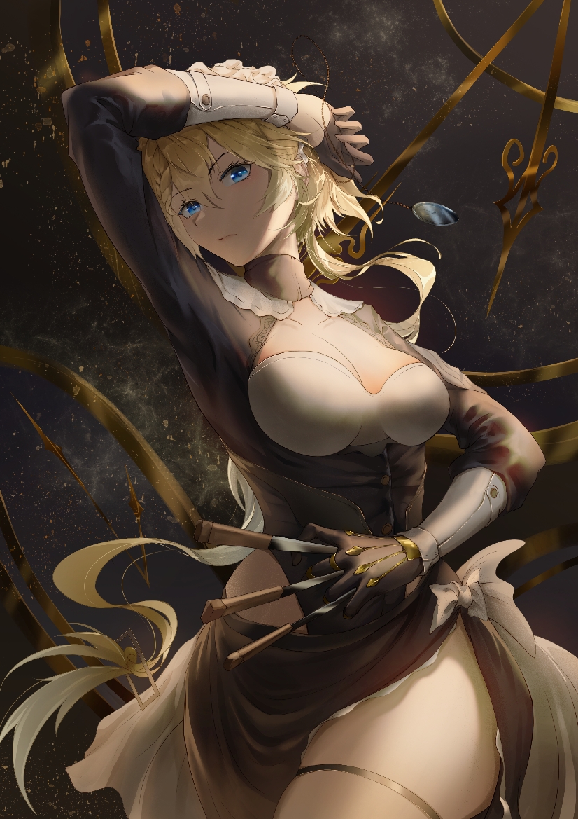 1girl bangs blonde_hair blue_eyes braid breasts brown_dress brown_gloves cleavage closed_mouth dial dress feet_out_of_frame french_braid g36_(girls'_frontline) girls'_frontline girls'_frontline_neural_cloud gloves hand_on_forehead holding holding_knife knife lips long_hair long_sleeves looking_at_viewer medium_breasts solo standing starry_background thatob thighs