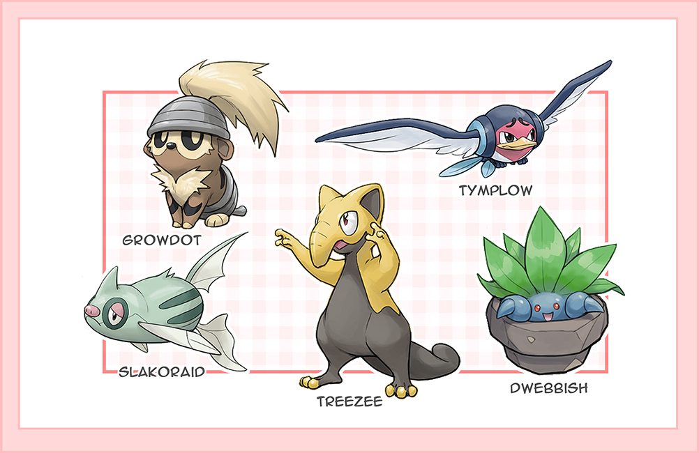 :d black_eyes border character_name closed_mouth commentary drowzee dwebble framed frown fusion growlithe kazuko_(towa) looking_up no_humans oddish open_mouth outline pink_border pokemon pokemon_(creature) red_eyes remoraid seedot slakoth smile taillow treecko tympole