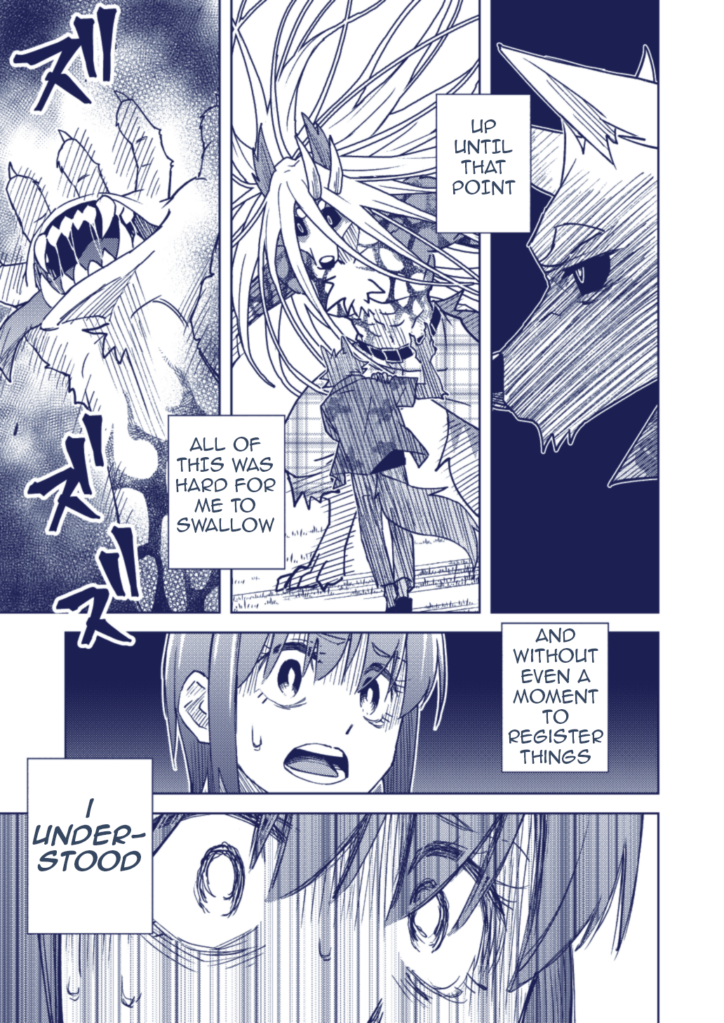 aira_kokonatsu anthro black_sclera blue_and_white clothed clothing comic demon edit english_text fangs female gen_kiryu hand_mouth hard_translated hi_res horn human male mammal monochrome muscular muscular_male pants_only partially_clothed popwitter_ox senri_ooedo size_difference standing text tongue translated