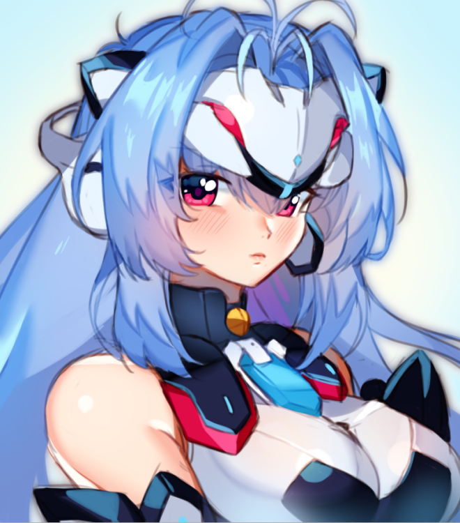 1girl android blue_hair breasts chest_jewel closed_mouth forehead_protector gem glowing_crystal kos-mos kos-mos_re: large_breasts long_hair red_eyes simple_background solo very_long_hair xenoblade_chronicles_(series) xenoblade_chronicles_2 xenosaga yagi_(kyuhyun)