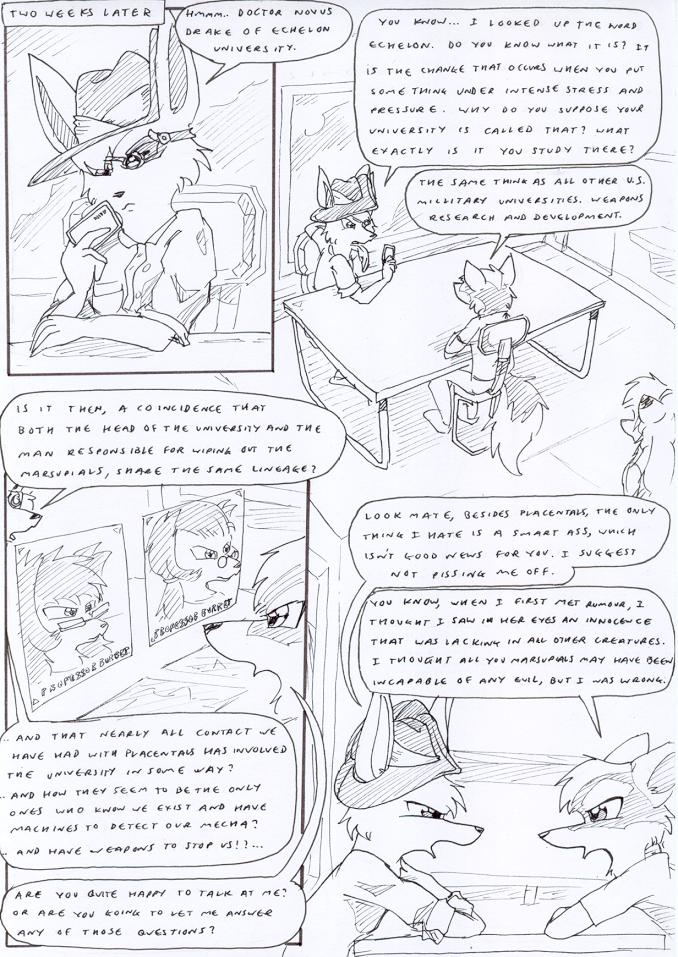 anthro australian australian_hat black_and_white bottomwear canid canine cellphone chair clothing comic dialogue doctor_clive_burret duncan_(kitfox_crimson) english_text eye_patch eyewear female footwear fox furniture group hair hat headgear headwear interrogation kangaroo kitfox-crimson long_hair macropod male mammal marsupial monochrome novus_(kitfox-crimson) pants phone pockets professor_virginia_burret rena_(kitfox_crimson) screen shirt shoes sketch table technology text topwear trio window