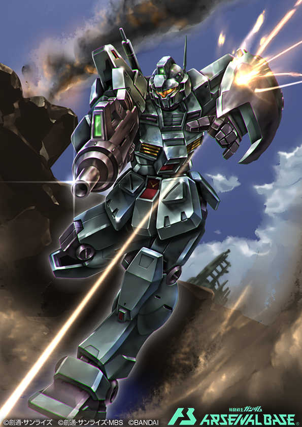 cloud copyright_name gm_custom gomibako_(shirokumatei) gun gundam gundam_0083 gundam_arsenal_base holding holding_gun holding_weapon logo mecha no_humans official_art open_hand robot science_fiction shield sky solo weapon