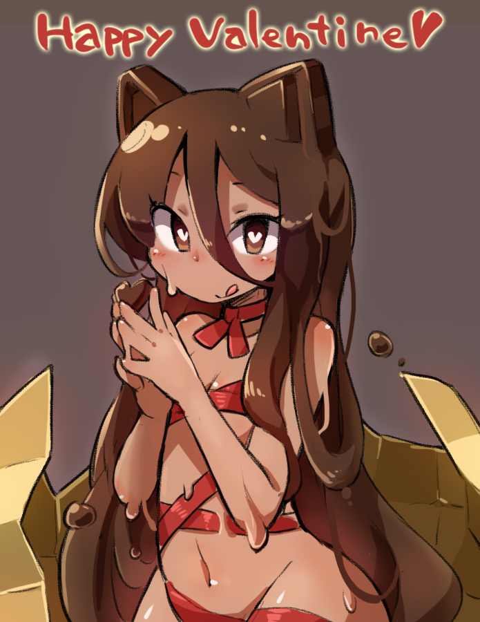 1girl :q animal_ears blush breasts brown_eyes brown_hair cat_ears chocolate chocolate_girl choker closed_mouth commentary_request cowboy_shot dark-skinned_female dark_skin english_text grey_background groin gunjima_souichirou hair_ornament hands_up happy_valentine heart heart-shaped_pupils long_hair looking_at_viewer monster_girl naked_ribbon navel original out-of-frame_censoring own_hands_together red_ribbon ribbon ribbon_choker slime_girl small_breasts smile solo symbol-shaped_pupils tongue tongue_out valentine very_long_hair white_background