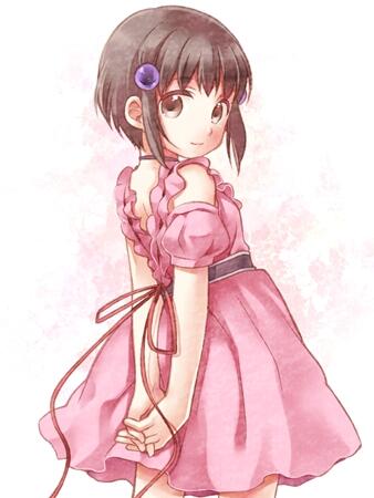 1girl arms_behind_back brown_eyes brown_hair choker closed_mouth dress hair_ornament looking_at_viewer lowres pink_dress reala_(tales) ribbon sensaki_chihiro short_hair simple_background smile solo tales_of_(series) tales_of_destiny_2 very_short_hair white_background