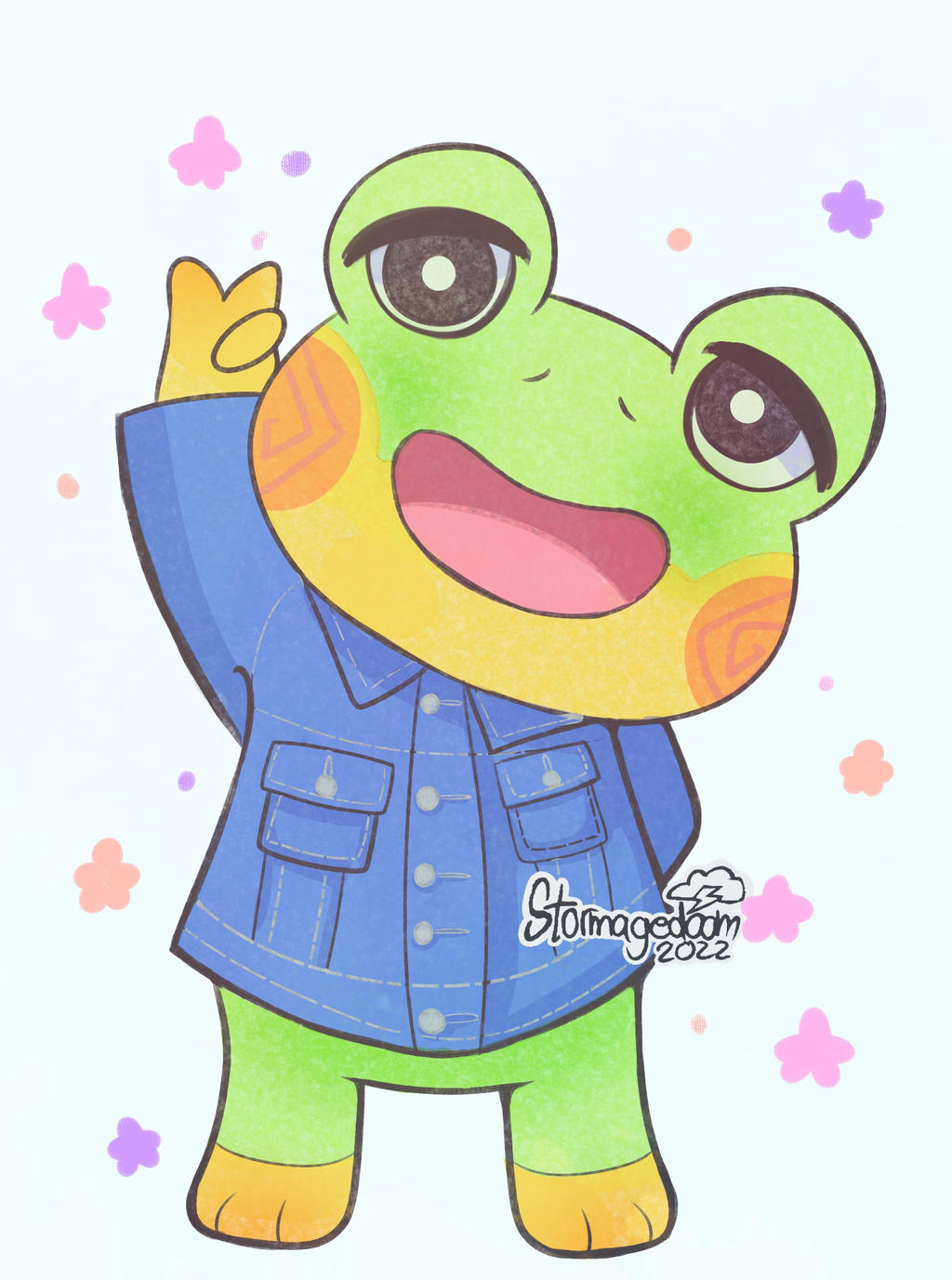 2022 3_fingers amphibian animal_crossing clothing digital_media_(artwork) fingers frog gesture green_body half-closed_eyes henry_(animal_crossing) hi_res looking_at_viewer male narrowed_eyes nintendo open_mouth open_smile semi-anthro shirt smile solo standing stormagedoom topwear v_sign video_games