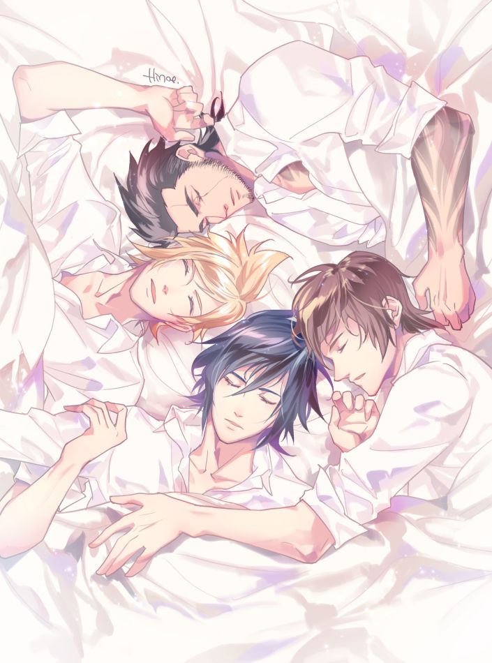 4boys arm_tattoo artist_name bed_sheet black_hair blonde_hair brown_hair chest_tattoo closed_eyes collared_shirt cuddling facial_hair final_fantasy final_fantasy_xv gladiolus_amicitia hair_between_eyes hand_on_another's_chest hinoe_(dd_works) ignis_scientia lying male_focus multiple_boys noctis_lucis_caelum on_back on_side parted_lips prompto_argentum scar scar_across_eye shirt sideburns sleeping sleeves_rolled_up soul_patch tattoo under_covers upper_body white_shirt