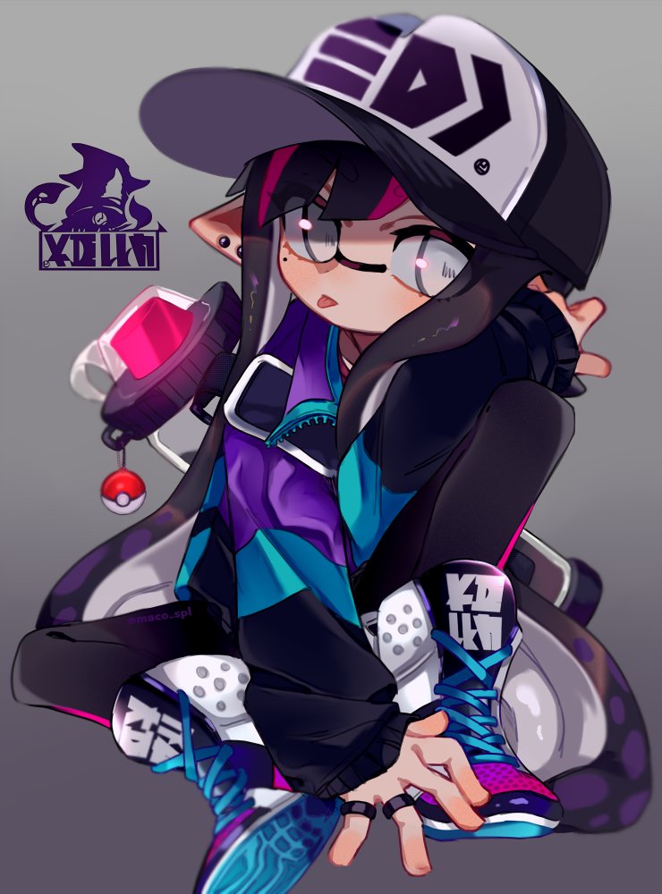 1girl artist_name bangs baseball_cap black_leggings blunt_bangs blurry blush closed_mouth clothes_writing cross-laced_footwear depth_of_field earrings full_body gradient gradient_background grey_background grey_eyes hand_up hat ink_tank_(splatoon) inkling_girl jacket jewelry keychain knee_up leggings light_blush logo looking_away looking_to_the_side maco_spl mole mole_under_eye multicolored_clothes multicolored_footwear multicolored_hair multicolored_jacket multiple_earrings multiple_rings open_clothes open_jacket pink_hair pointy_ears poke_ball poke_ball_(basic) pokemon purple_hair ring shoes sidelocks simple_background sitting sleeves_past_wrists sneakers solo splatoon_(series) spread_legs streaked_hair stud_earrings suction_cups tentacle_hair tentacles tongue tongue_out twintails twitter_username two-tone_hair watermark zipper