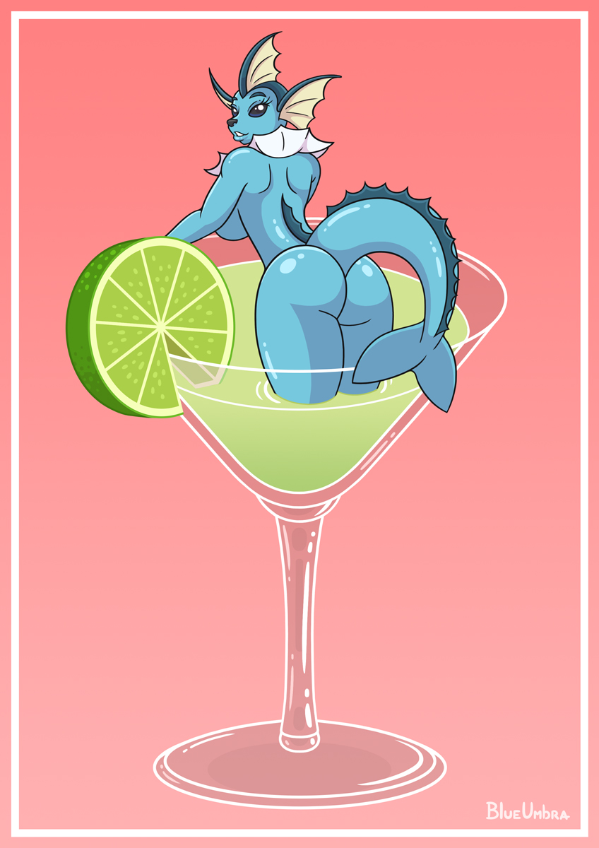 alcohol anthro beverage black_sclera blue_body blue_skin blueumbra butt buttcheecks cocktail cocktail_glass container cup drinking_glass eeveelution female fin food fruit generation_1_pokemon glass glass_container glass_cup glistening glistening_body gradient_background hi_res humanoid lemon light lime looking_at_viewer looking_back nintendo pink_background plant pokemon pokemon_(species) raised_tail rear_view signature simple_background smile smiling_at_viewer snout solo vaporeon video_games