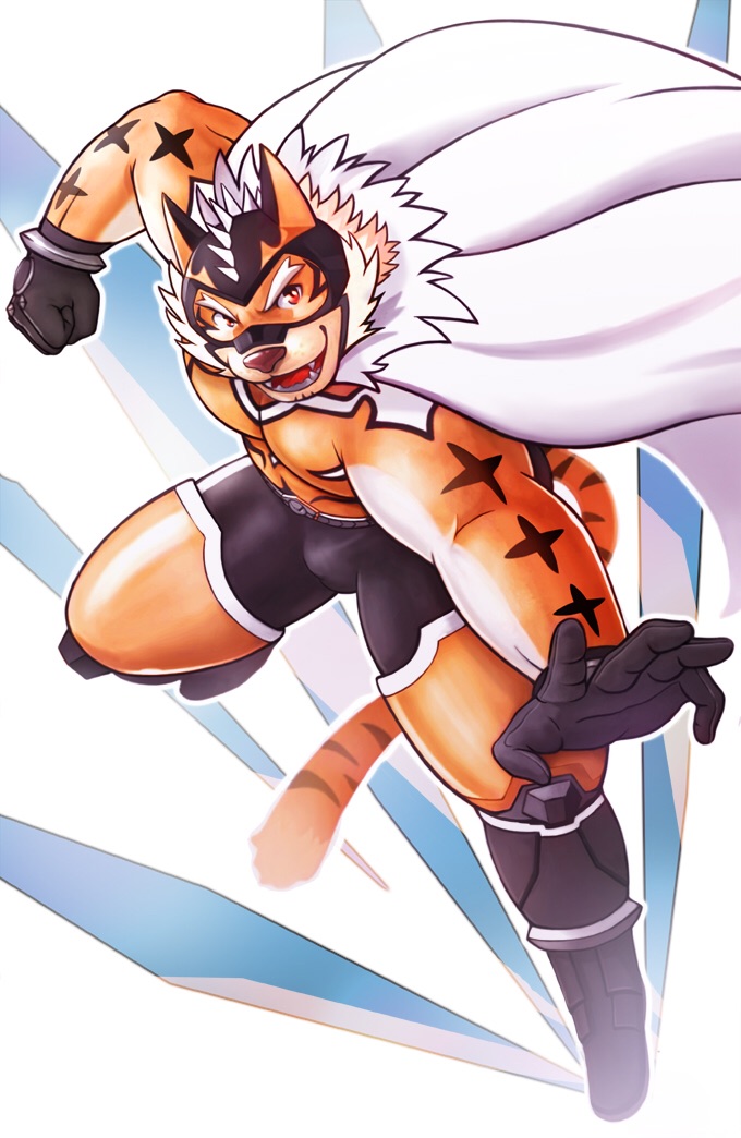 action_pose anthro bulge cape clothing eyebrows felid kemokemumaki lifewonders live-a-hero male mammal mask muscular muscular_anthro muscular_male pantherine pecs pose ryekie_(live-a-hero) solo spandex superhero thick_eyebrows tiger tight_clothing video_games