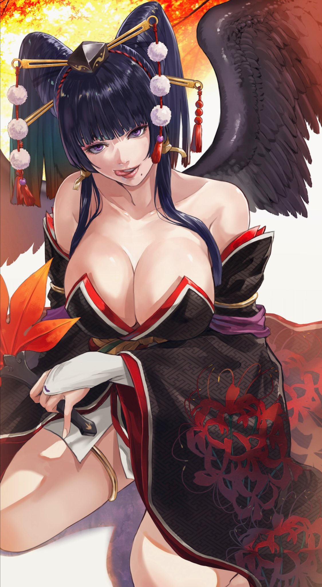 1girl bare_shoulders black_hair black_wings breasts bridal_gauntlets cleavage commentary dead_or_alive gauss_&lt;bokashi hair_ornament highres japanese_clothes large_breasts licking_lips mole mole_under_mouth nyotengu purple_eyes shiny solo tongue tongue_out wings