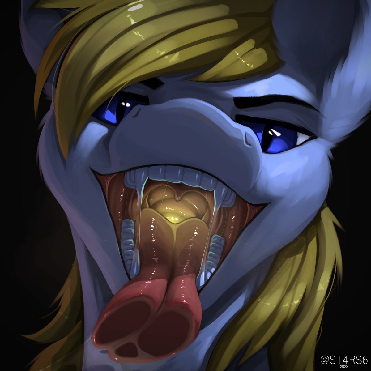 ambiguous_gender bat_pony black_background blonde_hair blue_eyes bodily_fluids equid fan_character fangs feral forked_tongue fur glass glowing hair hasbro hi_res imminent_vore looking_at_viewer mammal mouth_shot my_little_pony open_mouth saliva sharp_teeth simple_background st4rs6 teeth tongue tongue_out white_body white_fur