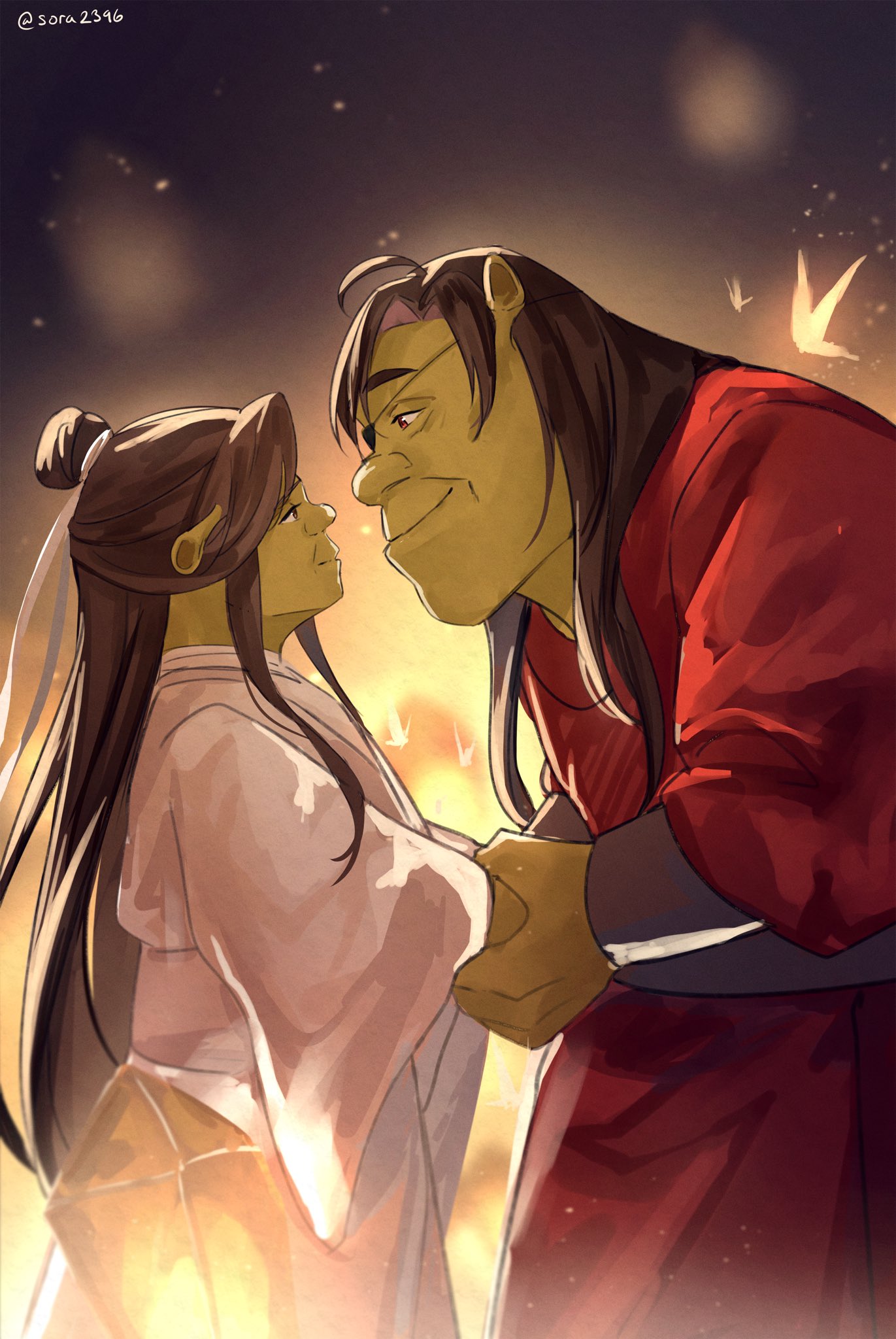 1boy 1girl brown_eyes brown_hair chinese_clothes closed_mouth colored_skin cosplay english_commentary eye_contact from_side gradient gradient_background green_skin hair_bun hanfu hetero highres hua_cheng hua_cheng_(cosplay) long_hair long_sleeves looking_at_another ogre princess_fiona red_eyes shrek shrek_(series) smile sora2396 tian_guan_ci_fu twitter_username upper_body xie_lian xie_lian_(cosplay)