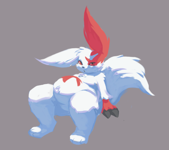 2022 3_toes ambiguous_gender anthro belly big_belly biped claws digital_media_(artwork) feet fur generation_3_pokemon looking_at_viewer markings nintendo pokemon pokemon_(species) red_body red_fur simple_background solo somnamg toes video_games white_body white_fur zangoose