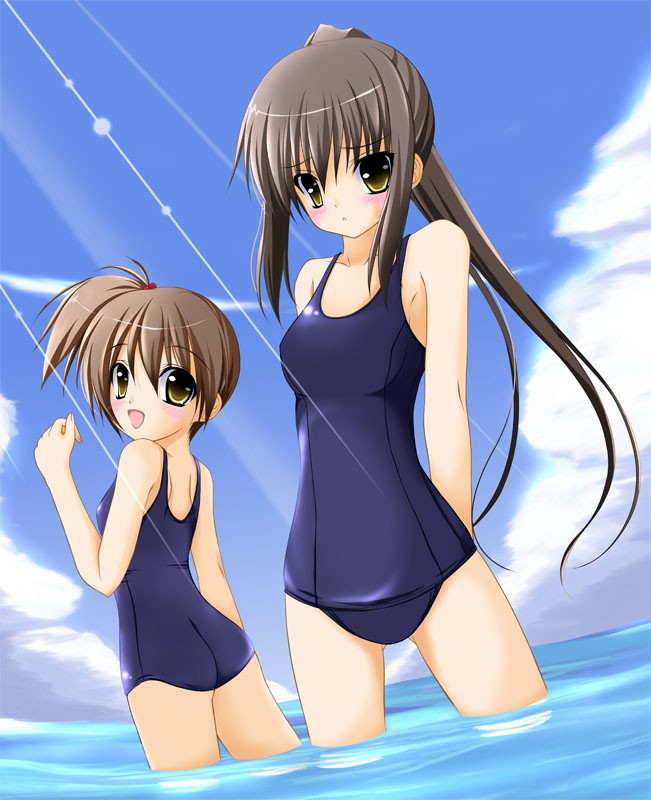 2girls bangs blue_sky blush breasts brown_eyes brown_hair closed_mouth cloud frown genderswap genderswap_(mtf) happy kyon_no_imouto kyonko long_hair multiple_girls ocean one-piece_swimsuit open_mouth photoshop_(medium) ponytail school_swimsuit siblings side_ponytail sisters sky sleeveless small_breasts smile soaking_feet standing suzumiya_haruhi_no_yuuutsu swimsuit tomosuke water