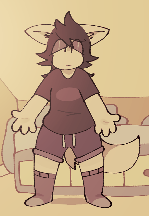 4_fingers bed bottomwear canid canine canis clothing domestic_dog fingers footwear fur furniture hair half-closed_eyes inner_ear_fluff male mammal messy_hair narrowed_eyes shirt shorts simple_background socks sog_(squishy) solo squishy_(artist) standing topwear tuft