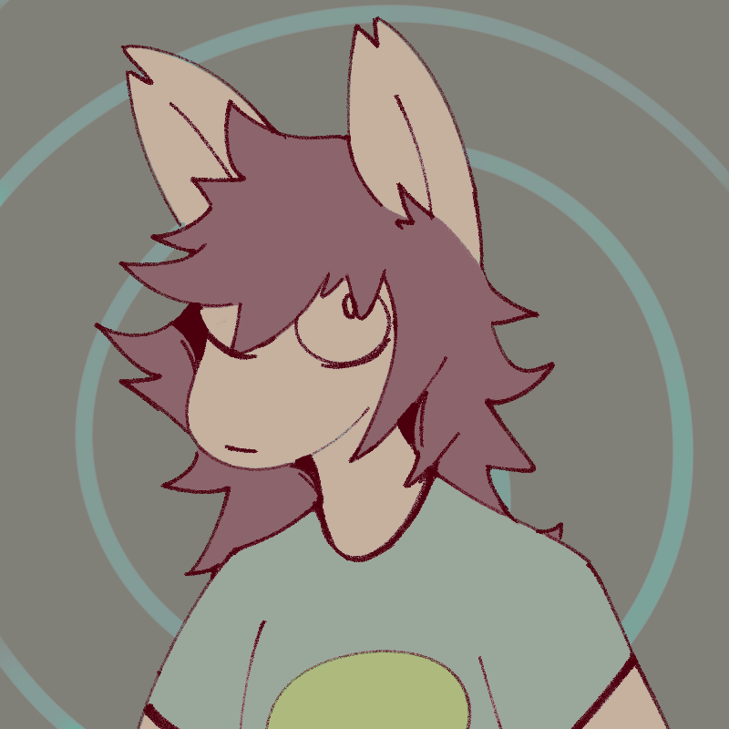 anthro canid canine canis chipped_ear clothing domestic_dog eye_bags fur hair male mammal messy_hair shirt short_sleeves simple_background sog_(squishy) solo squishy_(artist) topwear wide_eyed