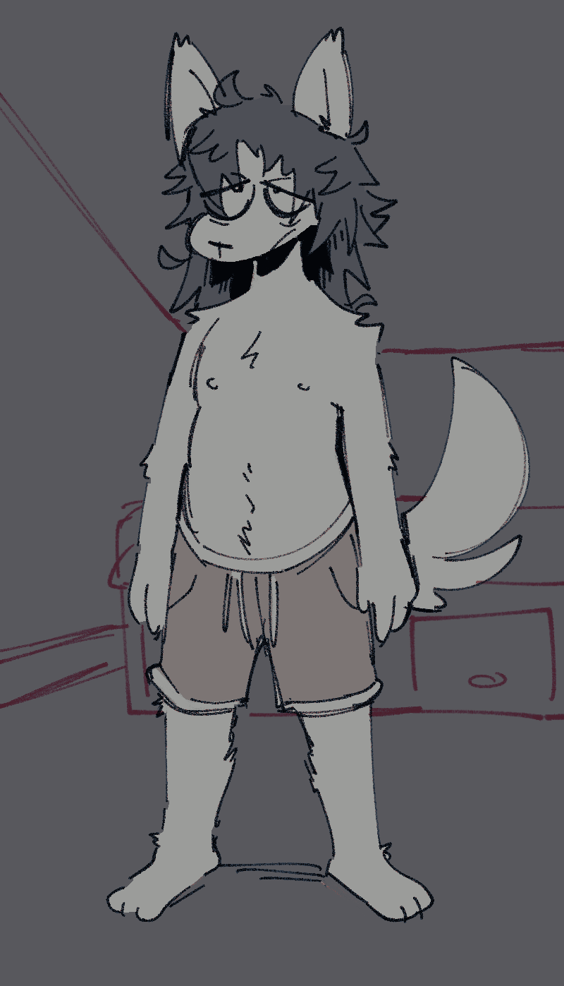 3_toes anthro bottomwear canid canine canis chipped_ear clothed clothing domestic_dog eye_bags feet fur fur_tuft hair half-closed_eyes hi_res inner_ear_fluff long_hair male mammal messy_hair narrowed_eyes navel nipples shorts simple_background sog_(squishy) solo squishy_(artist) standing tired toes topless tuft