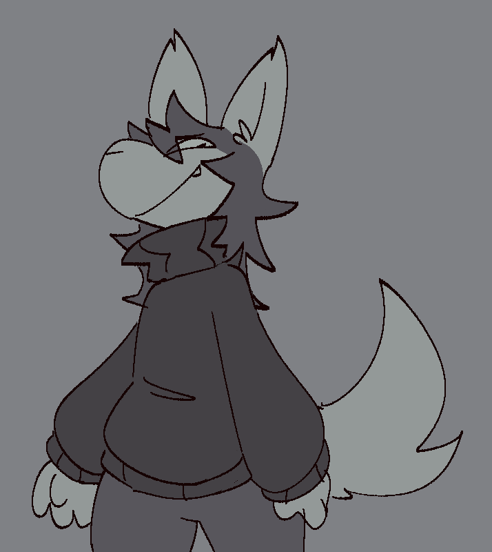 anthro bottomwear canid canine canis chipped_ear clothing domestic_dog fangs hair inner_ear_fluff male mammal messy_hair pants simple_background smile smug sog_(squishy) solo squishy_(artist) sweater topwear tuft turtleneck
