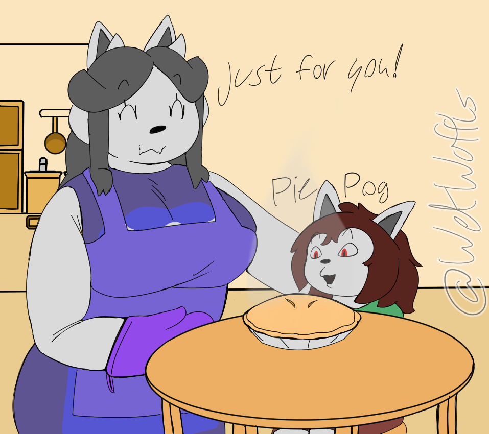 anthro appliance apron charmie_(temmieverse) clothing dessert duo excited female food fridge furniture grey_hair hair handwear kitchen kitchen_appliance male male/female oven_mitts pie pogchamp red_eyes sink table temmie_(undertale) temriel_(temmieverse) undertale undertale_(series) video_games wetwaffls