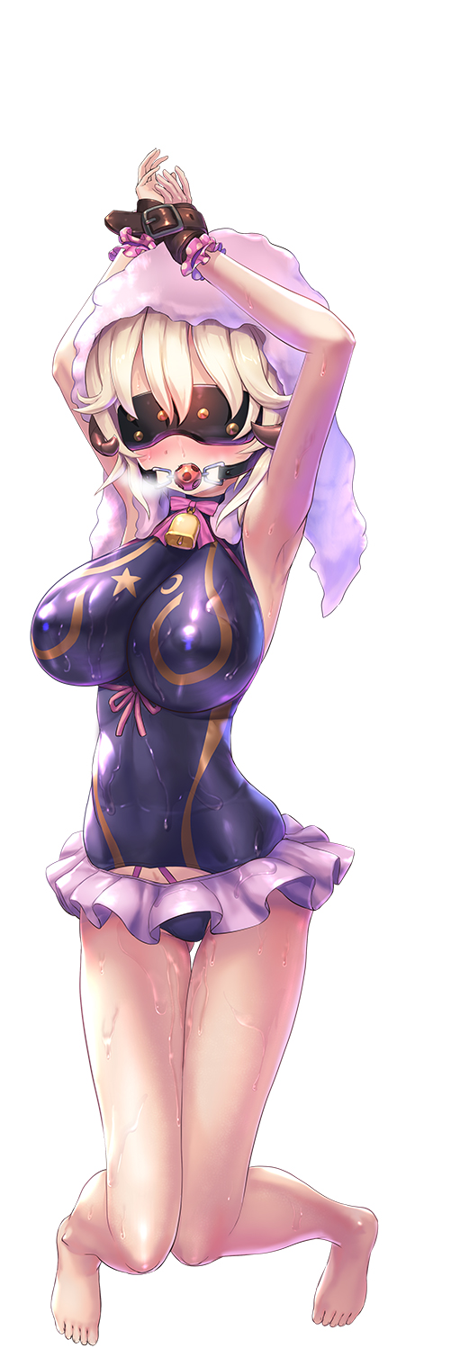 animal_humanoid arms_restrained ball_gag belt big_breasts blindfold blonde_hair bottomwear bovid bovid_humanoid breasts caprine caprine_humanoid clothed clothing curved_horn digital_media_(artwork) elena_(taimanin_asagi) erect_nipples female gag goat_humanoid hair hi_res horn horned_humanoid huge_breasts humanoid light_body light_skin mammal mammal_humanoid nipples pink_bottomwear pink_clothing pink_eyes pink_hood pink_skirt purple_clothing purple_one-piece_swimsuit simple_background skirt solo taimanin_(series) white_background yuni_homura