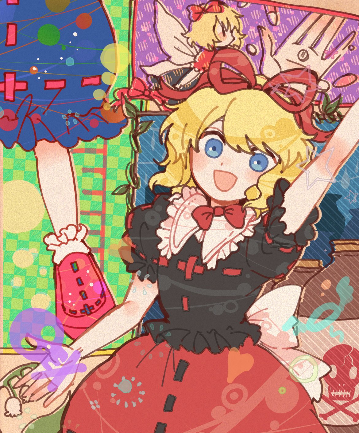 1girl arm_up back_bow bangs black_eyes black_shirt blonde_hair blue_background blue_eyes blue_skirt blush bone bow bowtie collared_shirt commentary_request cross fairy_wings flower flying green_background hair_between_eyes hair_bow hand_up highres itomugi-kun jar leaf looking_at_viewer looking_to_the_side medicine_melancholy multicolored_background open_mouth pill pink_footwear plaid plaid_background polka_dot polka_dot_background puffy_short_sleeves puffy_sleeves purple_background red_bow red_bowtie red_skirt shirt shoes short_hair short_sleeves skirt skull smile socks solo standing su-san touhou white_bow white_flower white_socks wings
