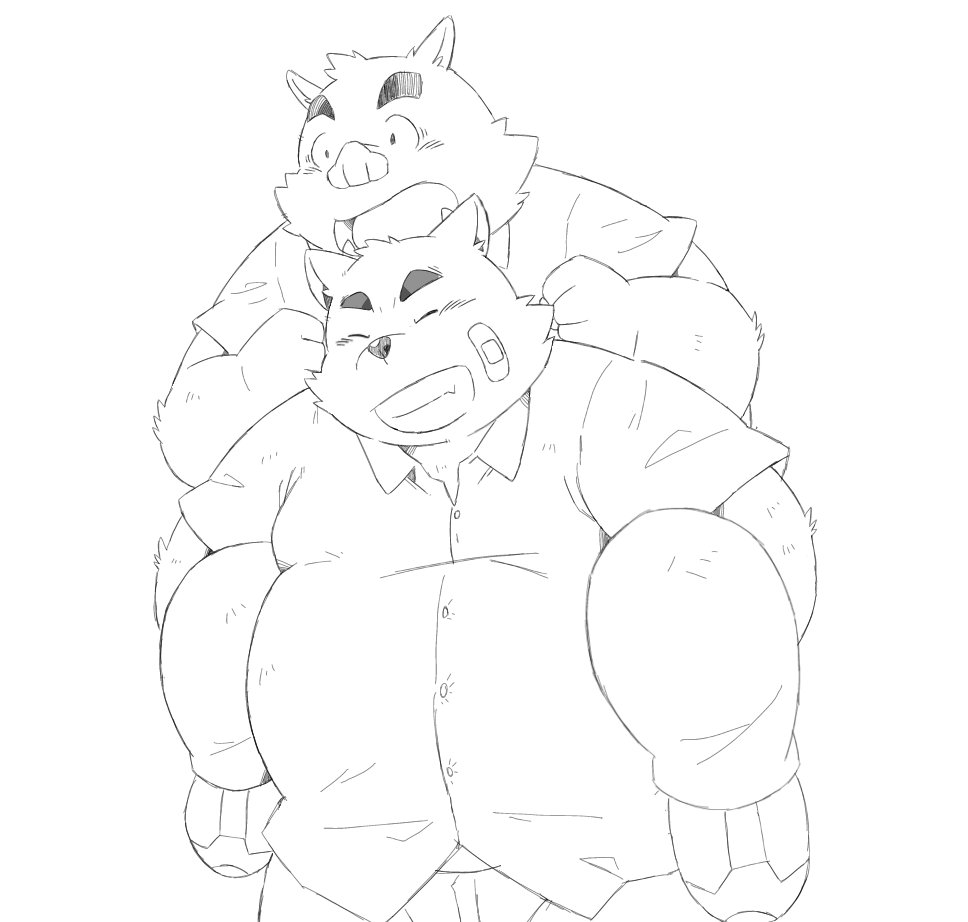 2022 anthro band-aid bandage belly big_belly bottomwear canid canine canis carrying clothing domestic_dog duo eyes_closed ginsingoo1 kemono male mammal overweight overweight_male pants piggyback shirt simple_background suid suina sus_(pig) topwear wild_boar