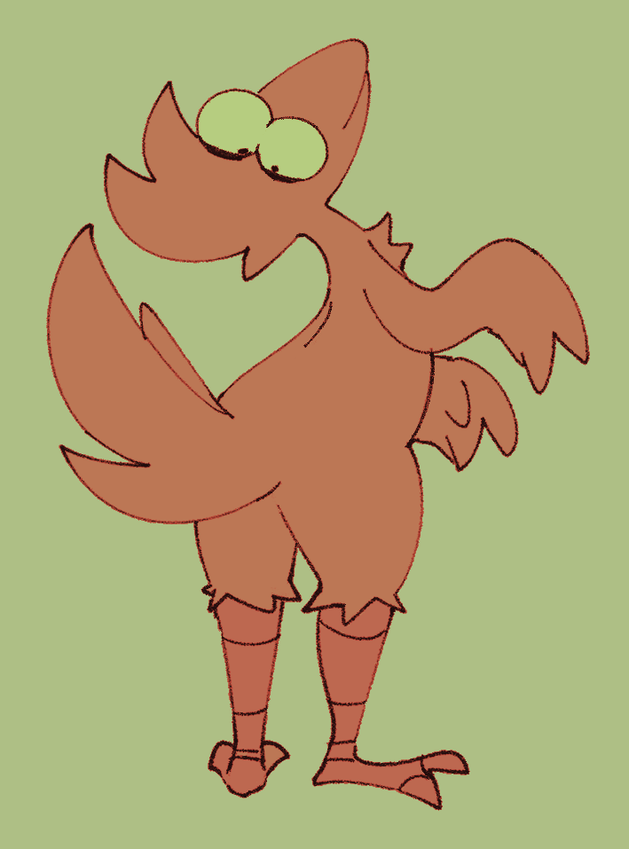 2_toes 3_fingers anthro avian bird feather_tuft feathers feet fingers hair looking_back male orange_body orange_feathers simple_background solo squishy_(artist) standing talons toes tuft zac_(squishy)