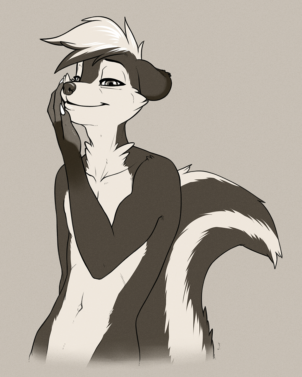 2018 anthro ayken big_tail biped claws digital_media_(artwork) ears_back front_view grey_background greyscale hair half-length_portrait hi_res long_tail looking_at_viewer male mammal mephitid monochrome navel nude portrait short_hair simple_background skunk smile sneakerfox solo