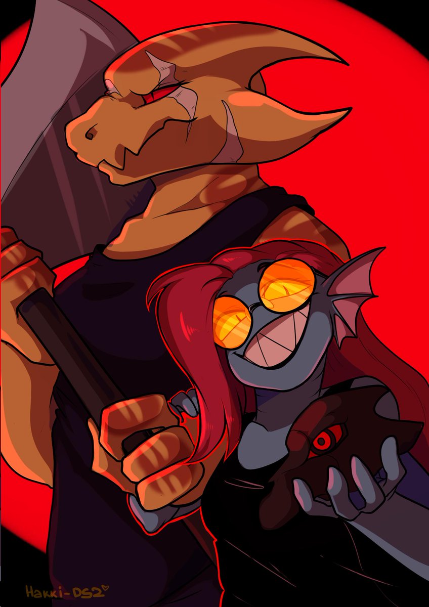 2019 alphys axe duo eyewear female fish hair hakkids2 lizard looking_at_viewer marine melee_weapon red_hair reptile scalie scar sharp_teeth sunglasses swapfell teeth undertale undyne video_games weapon